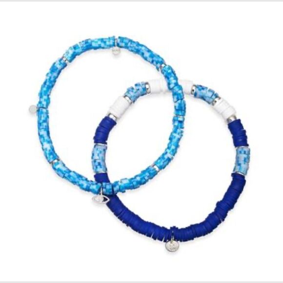 NWT Silver Plated Crystal Evil Eye and Blue Disk Bead Bracelet Set - Picture 1 of 3